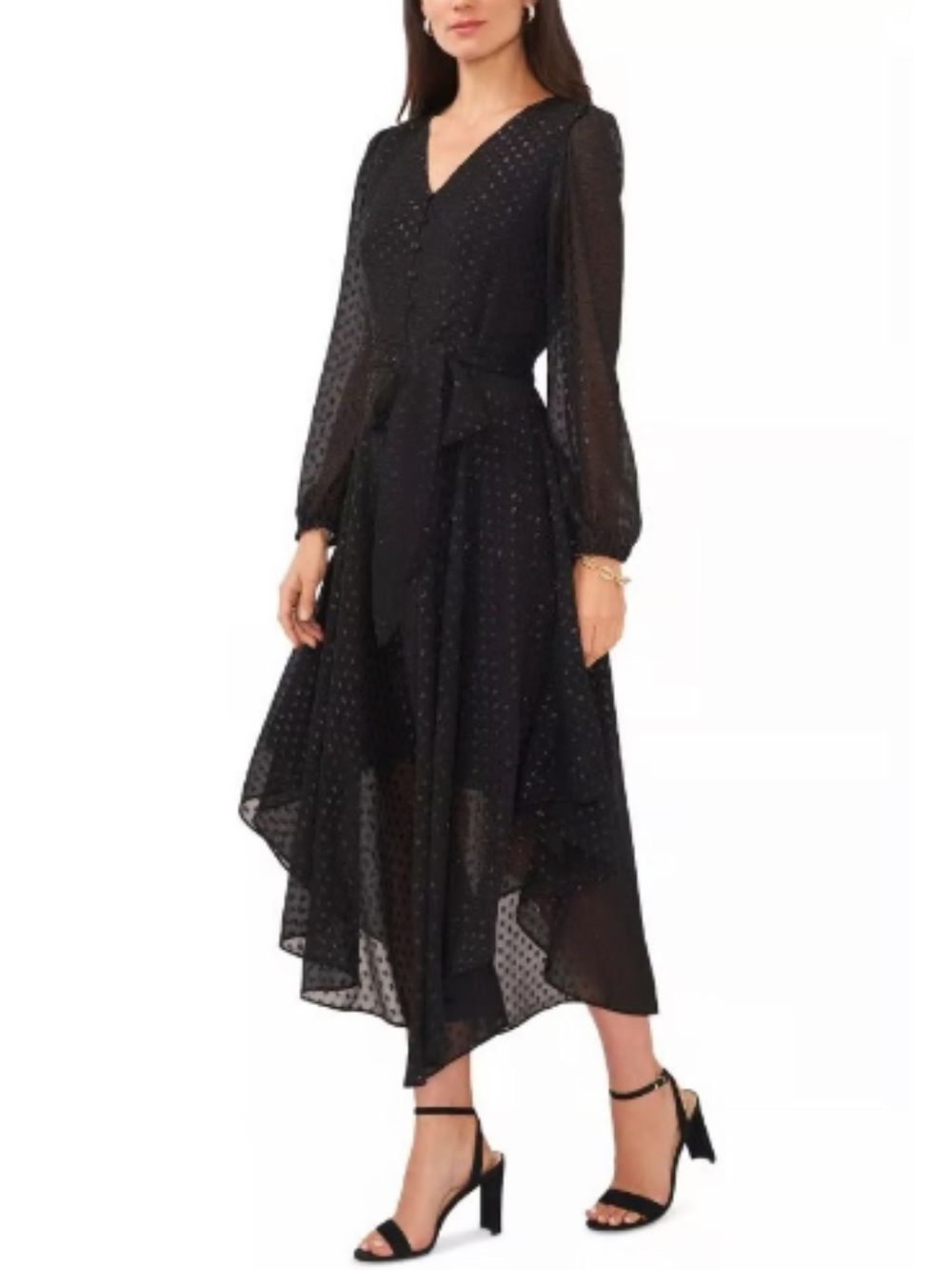 MSK XL Black Asymmetrical Long Sleeve Shimmery Swiss Dot Belted Midi Dress